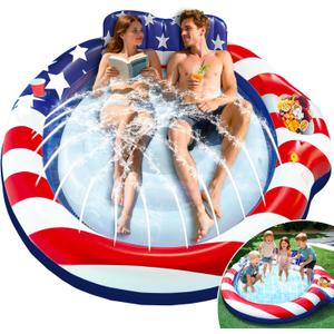Inflatable American Flag Pool Floats for Adults Patriotic 4th of July Pool Party, 72'' x 65'' Tanning Pool Lounger Float with Sprinkler Pillow & Drink Holder, Tanning Bed Pool Floatie for Adult Beach