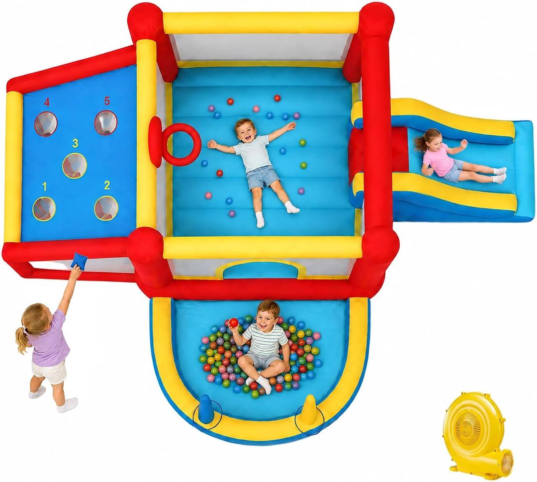 9 in 1 Inflatable Bounce House Kid Trampoline with Tall Slide, Ball Pit Pool, Skill Soccer, Throwing Sandbags Game, for Home Party or Outdoor Ages 3-10 with 520W Blower 190"x138"x76", Large
