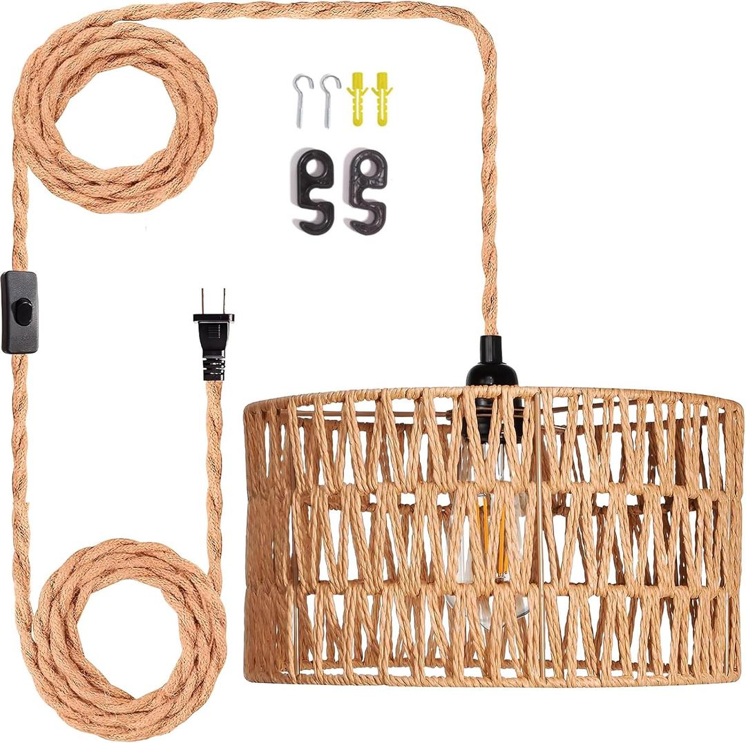 Hanging Lamps Rattan Pendant Light Hanging Lights 16.4ft Plug in Cord Pendant Light Fixture Plug Into Wall Outlet Pendant Lighting with On Off Switch for Bedroom Living (Cylindrical Shade)
