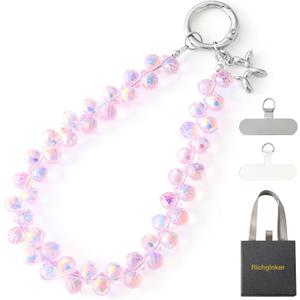 Crystal Phone Wrist Strap Phone Charm Chain Keychain Beaded Cellphone Lanyard with Tether Tab Hands-Free Wristlet Bracelet Wrist Grip Strap for Women, D-Pink AB (1 Count (Pack of 1))