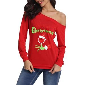 Kocowoo Women's Sexy Off Shoulder Christmas Print T-Shirt Long Sleeve Holiday Merry Xmas Tunic Tops, Size: XXL