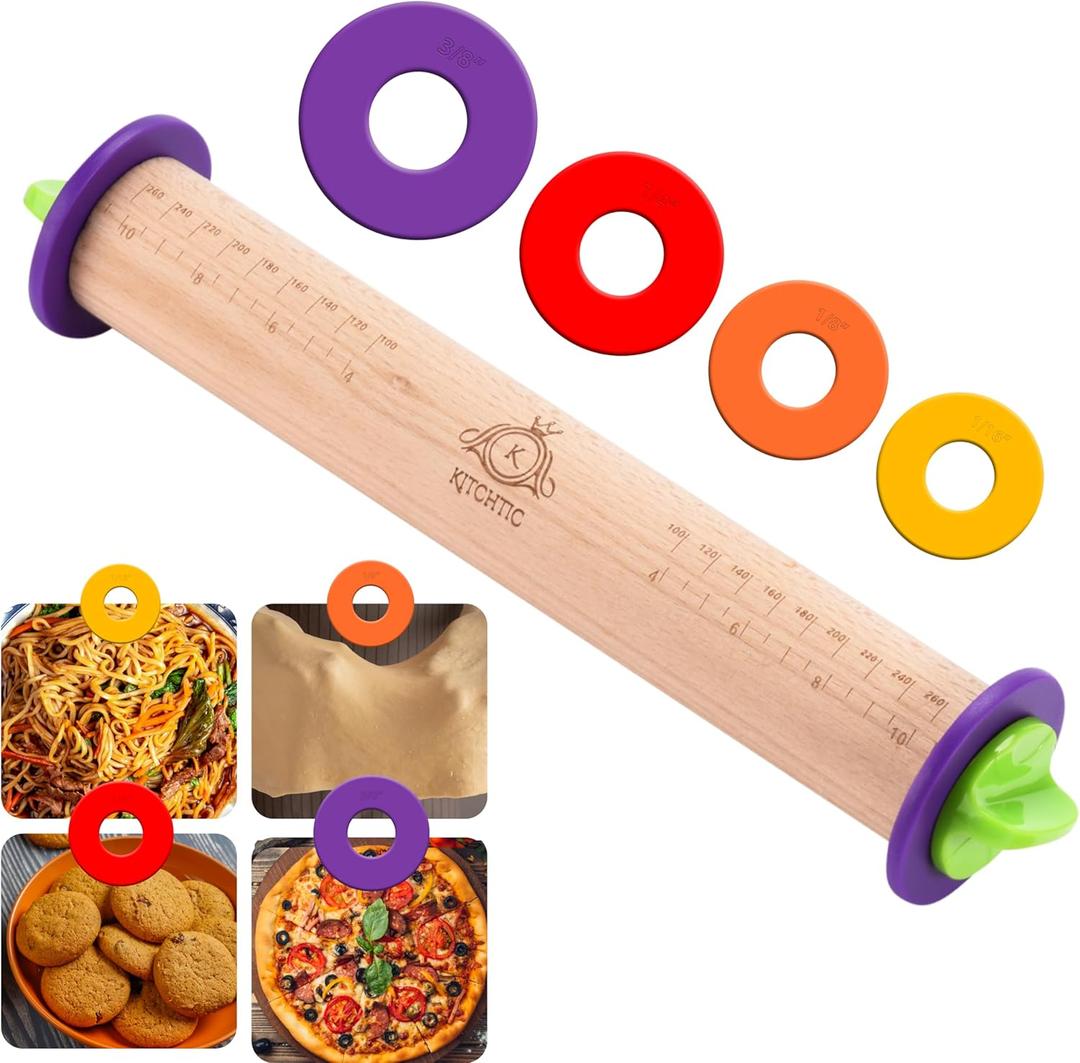 Kitchtic Rolling Pin with Thickness Rings - Adjustable Wooden Rolling Pin - Baking Essential and Roller Tool - Consistent Thickness - Easy to Clean - Beechwood Material - 13.7 x 2.75 x 2.75 inches (13.7''x2.75''x2.75'')