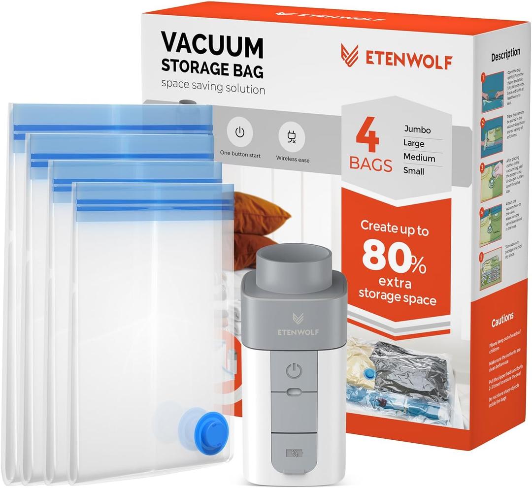 ETENWOLF 4 Pack Vacuum Storage Bags with Rechargeable Wireless Pump, Vacuum Seal Bags for Clothes and Travel, Space Saver Bags in Multiple Carry-On Sizes, Perfect for Luggage and Suitcases