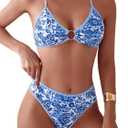 Fanuerg Women's Triangle Bikini Sets O Ring Linked Two Piece Swimsuits Floral Printed Cheeky Bathing Suit (Medium)