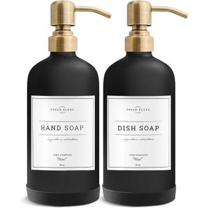 Vine Creations Black Glass Soap Dispenser, 2 Pack Kitchen Soap Dispenser Set with Stainless Steel Pump, 16 oz Dish Soap and Hand Soap Dispensers for Bathroom with Waterproof Labels (Matte Black Bottle / Brushed Brass Pump)