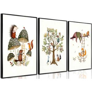 3Pcs Woodland Safari Animals Nursery Canvas Wall Art Baby Jungle Small Animal Wall Decor Pictures Tree Bear Rabbit Fox Hedgehog Kids Posters Prints for Classroom Children Bedroom Decoration Unframed