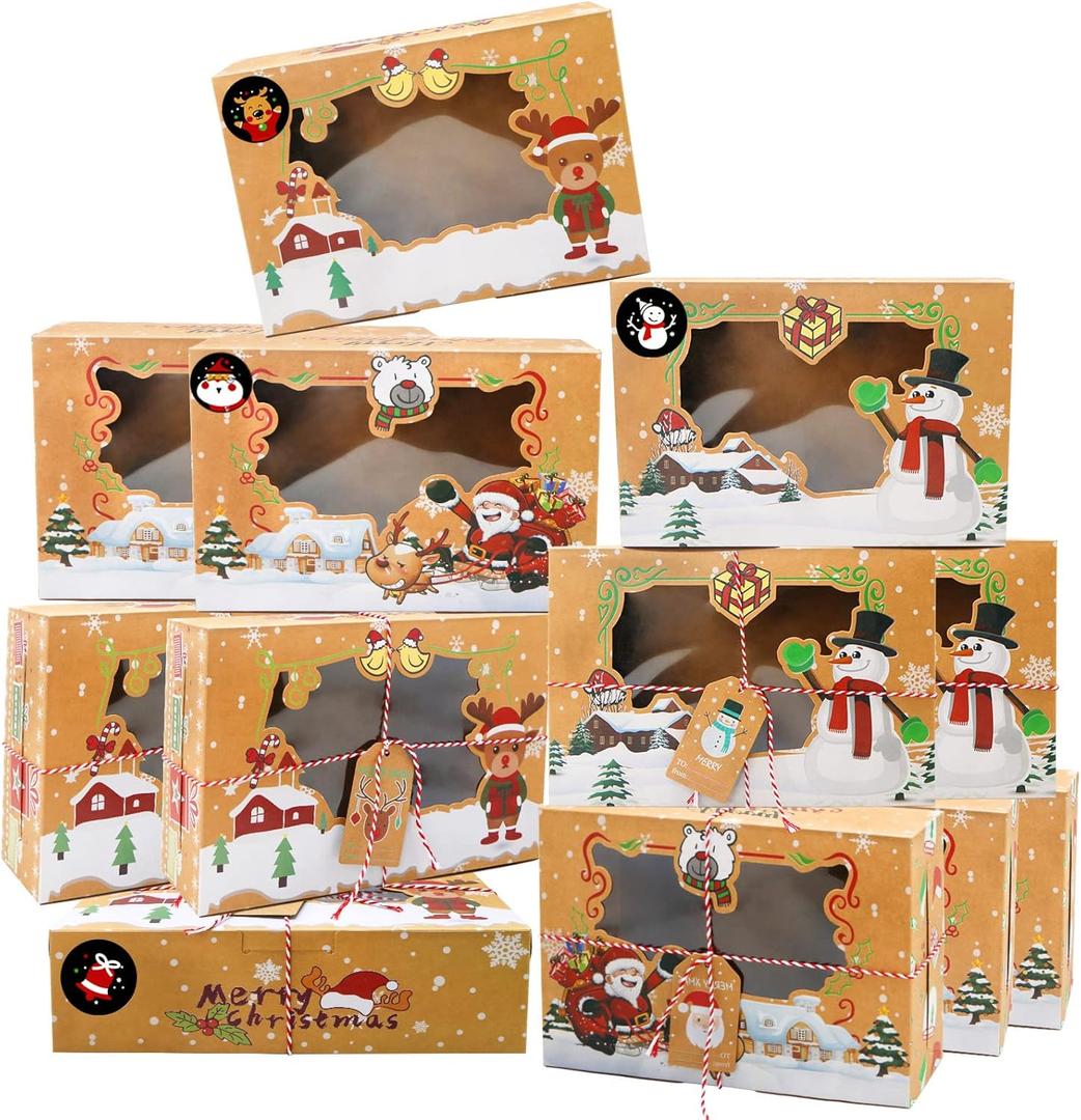 ZMCINER 12 PCS Christmas Cookie Boxes with Window Christmas Bakery Boxes Treat Boxes Baking Boxes for Gift Giving for Pastries, Cupcakes, Brownies, Brown Kraft Bakery Boxes 8.75 x 5.75 x 2.75 Inches