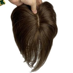 Anemone 10 inch Middle Part Straight Real Human Hair Topper Small Thin Clip in Hair Air Bangs for Mild Hair Loss Red Tone (Warm Brown)