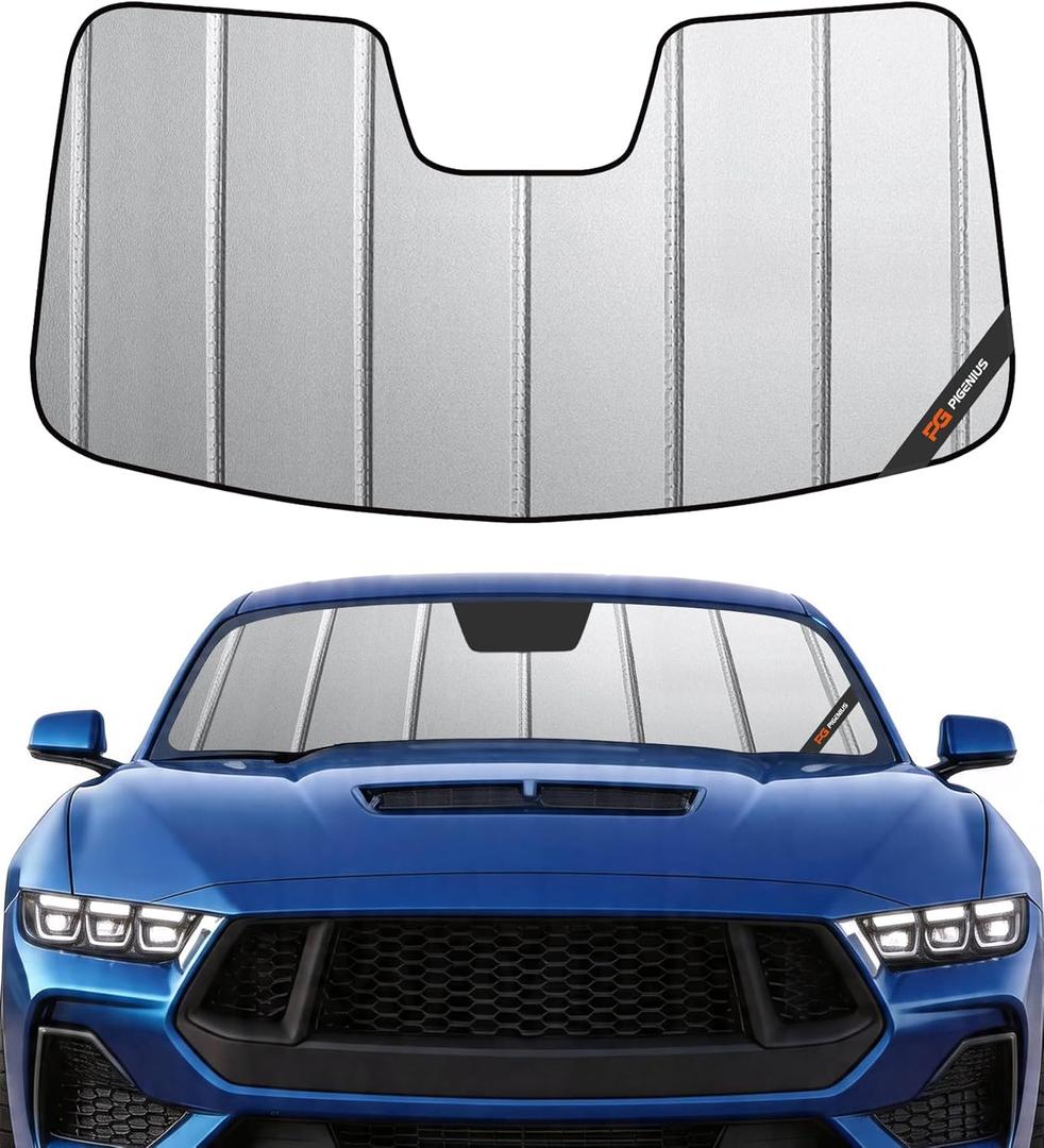 Pigenius Windshield Shade for Ford Mustang 2015-2023 with Rearview Mirror Mounted Camera, Custom Front Window Sunshade - Safeguard