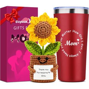Birthday Gifts for Mom from Daughter Son,Mom Gifts Set w/Handmade Crochet Sunflower & Insulated Tumbler,Cool Women Gifts Ideas for Mothers Day,Unique Presents for Mom,Mommy,Mother in Law (Red)