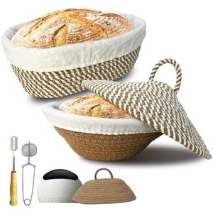 Sourdough Banneton Bread Proofing Basket, Cotton Rope Sourdough Bowl, Oval Bread Banneton Basket, Sourdough Kit, Sour Dough Kit, Proofing Baskets For Sourdough Bread Baking with Lid Lame Scraper