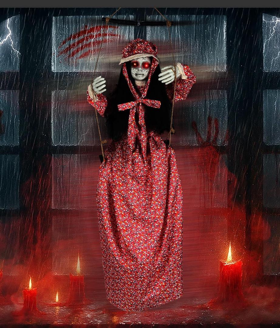 Scary Halloween Decorations Hanging Swinging Doll Girl for Indoor & Outdoor Props, Sound, Touch & Clap Activated with Creepy Sounds & Light-Up Eyes for Halloween Haunted House or Yard Lawn Prop