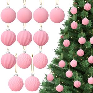 12 Pcs Pink Velvet Christmas Balls Bulk 2.36 Inch Flocked Christmas Tree Ball Ornaments Handmade Velvet Balls Plastic Ornaments Xmas Bulbs for Tree Party Holiday Decor (Pink)