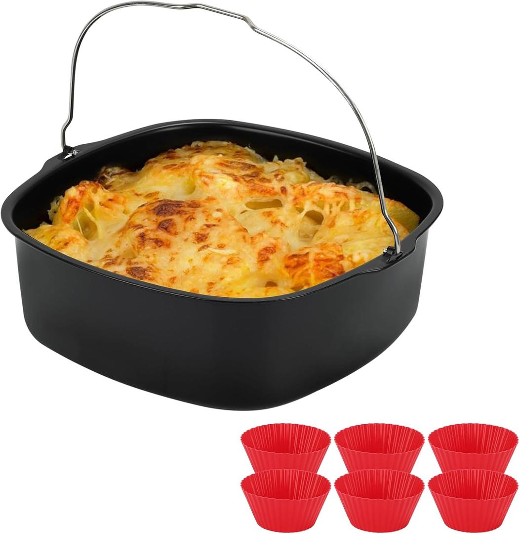 8inch Air Fryer Cake Pan, Non-stick Air Fryer Cake Barrel Square Deep Baking Pan Pizza Baking Pan for Instant Pot Cake Tray Basket Kitchen Accessorie Set (with 6 muffin cups) (Black)