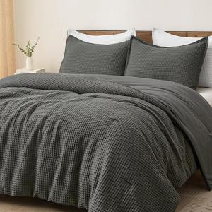 PHF Ultra Soft Waffle Weave Comforter Set Queen Size, 3 Pieces Lightweight Breathable Comfy Bedding Set, Comfy Textured 1 Comforter with 2 Pillow Shams, Grey