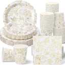 Havawish 125pcs Magnolia Spring Paper Plates Napkins Party Supplies White Flowers Tableware Decorations Magnolia Floral Scalloped Disposable Plates Cups for Wedding Bridal Baby Shower Birthday Party