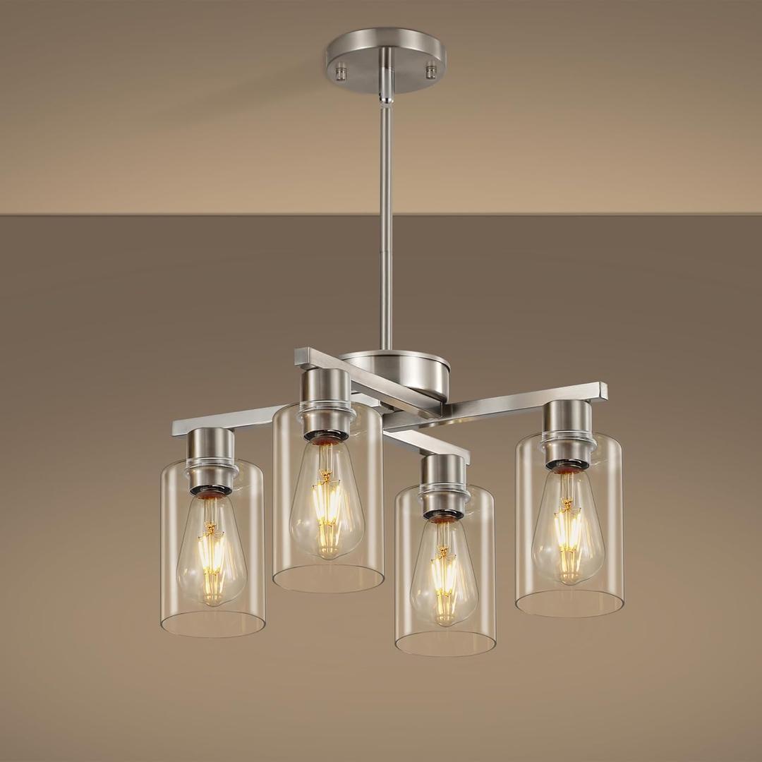4-Light Brushed Nickel Dining Room Light Fixture, Modern Industrial Kitchen Chandelier Over Table, Adjustable Height Hanging Pendant Light for Kitchen Island, Entryway with Clear Glass Shade