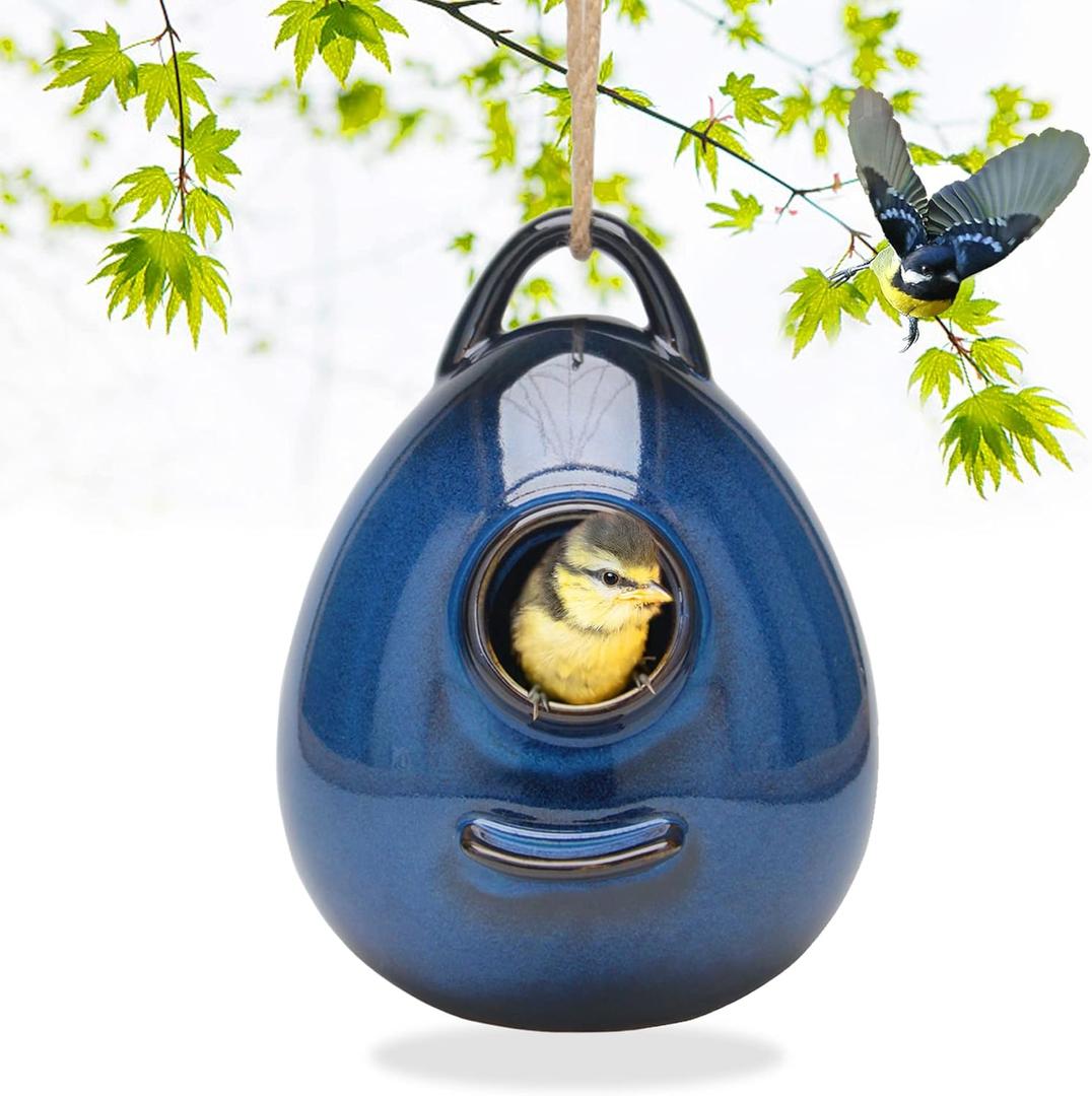 Kimdio Birdhouse Ceramic Hanging Birdhouses Bird Hut Hanging Outdoor Birdhouse for Wild Birds, Finch, Cardinal, and Bluebird - Blue