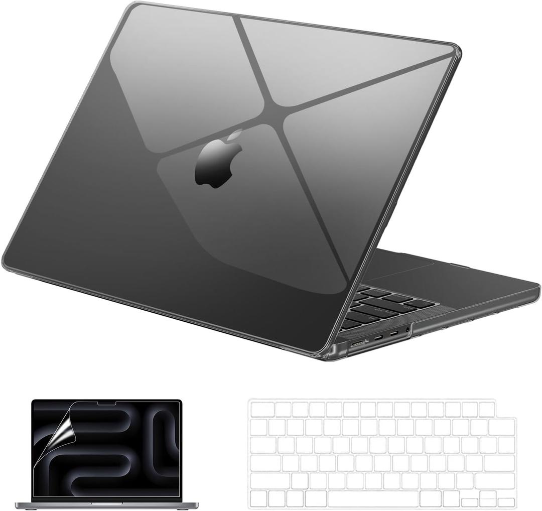 EooCoo Case Compatible with MacBook Pro 14 inch M5 2026-2021 M4 M3 M2 M1 Pro/Max Chip, Hard Shell Cases with Keyboard Cover, Screen Protector - Crystal Black