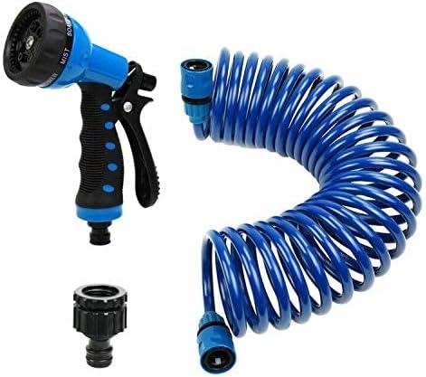 Recoil Garden Hose 25FT EVA Water Hose with 7-Pattern Spray Nozzle,Curly Self Coiling Lightweight Garden Hose,Retractable Drinking Water Safe Garden Coil Hose for Lawn Patio (blue)