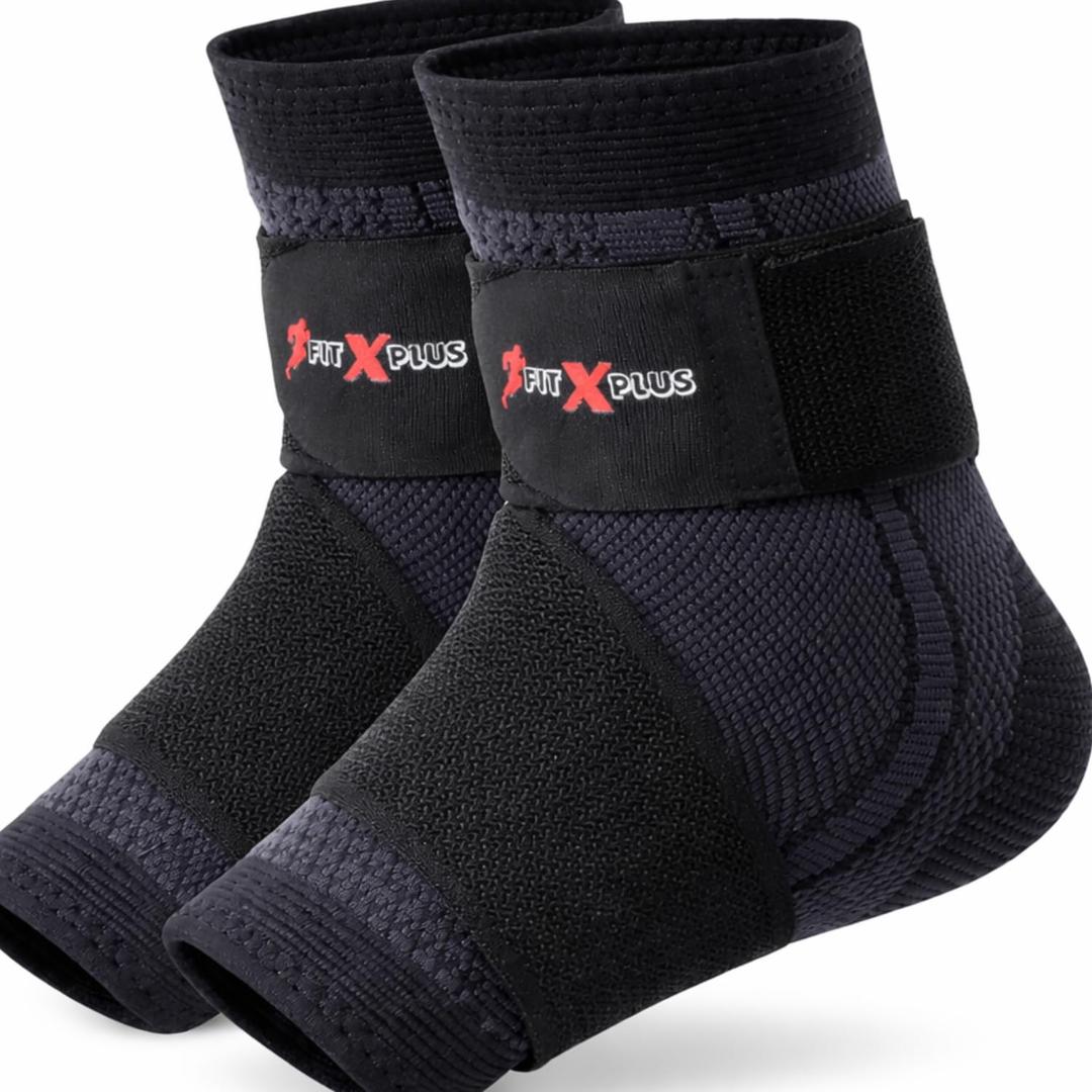 FIT-X-PLUS Ankle Brace Pair for Men & Women Adjustable Compression Ankle Support Sleeve for Gym, Running & Sports, Breathable Lightweight Stability Wrap for Both Ankles (Black) (Medium)