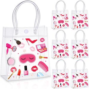 Kolldenn 24 Pcs Spa Makeup Birthday Party Goody Treat Favor Clear Gift Bags 5.9 x 2.8 x 6.3 Inches Cosmetics Party PVC Gift Bags Spa Theme Decorations Makeup Birthday Supplies