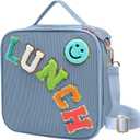 Insulated Lunch Bag With Adjustable Shoulder Strap, Cute Corduroy Preppy Lunch Box Large Insulated Lunch Bag Reusable Lunch Tote Bag with Smiley Preppy LunchBag for Girls School Travel (Blue)