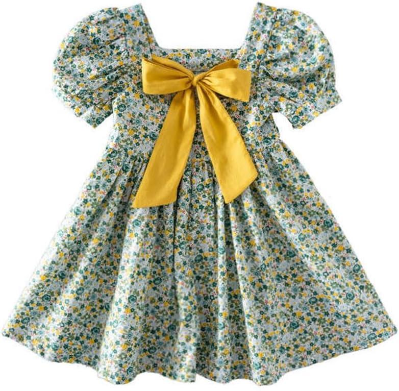 Toddler Girls Floral Dress Square Neck Puff Sleeve A-Line Smocked Dress with Bag Toddler Girls Summer Outfits (18-24 Months, Green-no Bag)