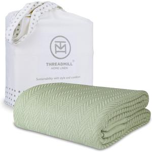 Threadmill Luxury Cotton Blankets Queen Size | All-Season 100% Cotton Blanket for Queen/Full Size Bed | Herringbone Soft Breathable | Sage Green