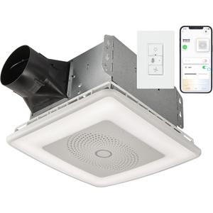 Broan-NuTone VC110CCT Sensonic Alexa Voice Controlled Smart Exhaust Fan with Dimmable LED Light and Bluetooth Speakers, 110 CFM,White, 13.25"x13.25"x5.75"