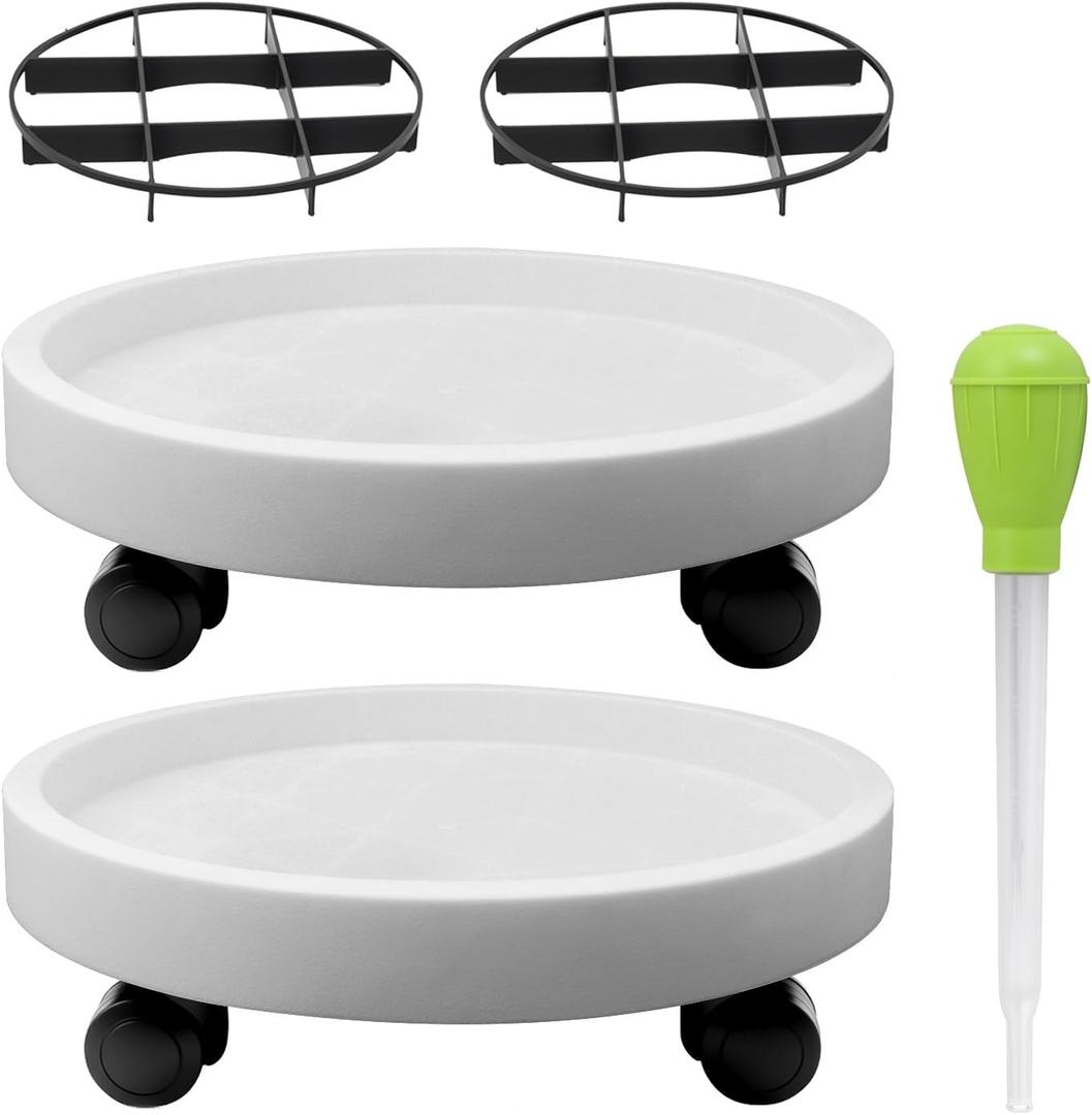 2Pack 12.4'' Plant Caddy with Wheels, Plant Stand Dolly for Heavy Planter, Wheeled Planter Saucer Tray, Rolling plant stand, Heavy-Duty Plant Caddy with Casters for Indoor and Outdoor(White)