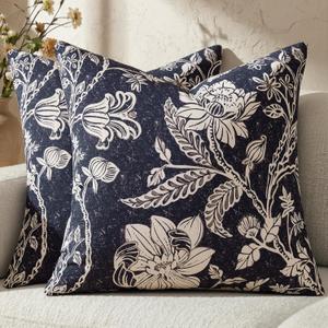 Vintage Floral Pillow Covers 20x20Navy Blue Throw Pillow Covers Decorative Neutral Modern Farmhouse Boho Patterned Cotton Square Cushions Accent Covers Sofa Bed Living Room Pillowcases Pack of 2