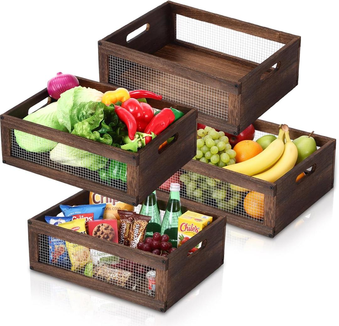 4 Pcs Wooden Countertop Baskets for Kitchen Bathroom, Easy Self-assembly Rustic Nesting Boxes with Handle and Wire Mesh, Multipurpose Wooden Crates for Fruit, Include Screws (Medium,Burnt Wood Finish)