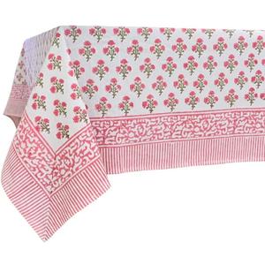 ATOSII Gulbahar White Pink 100% Cotton Spring Summer Square Tablecloth, Handblock Print Floral Table Cloth for Kitchen Dining Linen I Weddings, Outdoors, Easter 60 X 60 Inches I 4 Seater