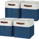 Temary Fabric Storage Cubes 11x11 Cube Storage Bins 4Pack Blue Storage Baskets for Organizing Home, Closet, Empty Gift Baskets with Handles (White&Blue)