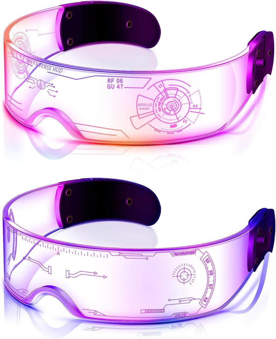 TOODOO 2 Pairs LED Visor Glasses 7 Colors Futuristic Glasses Light up Punk Accessories for Rave Party Costume