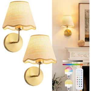 Yiridrme Wireless Battery Operated Wall Sconces Set of 2, Rechargeable 5000mAh Rattan Shade Wall Light with Remote, Gold Wall Lamp for Bedroom, Living Room, Hallway