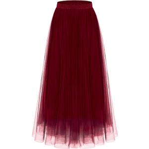 Kingfancy Women's Winter Skirts 2 Layered Tulle Tiered Long Skirts Elastic Waist A-Line Midi Skirts (Medium, Burgundy)