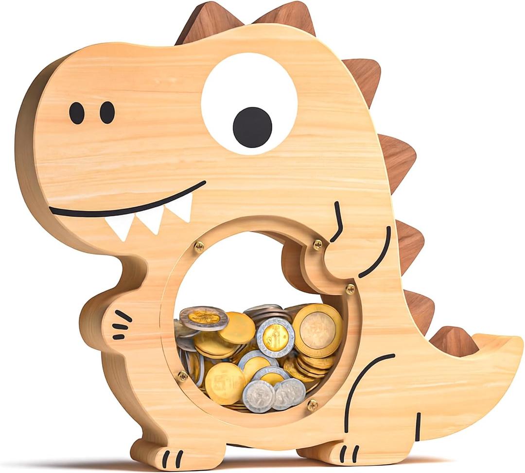 Wooden Dinosaur Piggy Bank for Boys, Safe & Durable Kids Money Bank with Clear Window, Easy-Access Coin Bank, Educational Saving Gift for Birthday & Holidays (Default-9", Dinosur01)