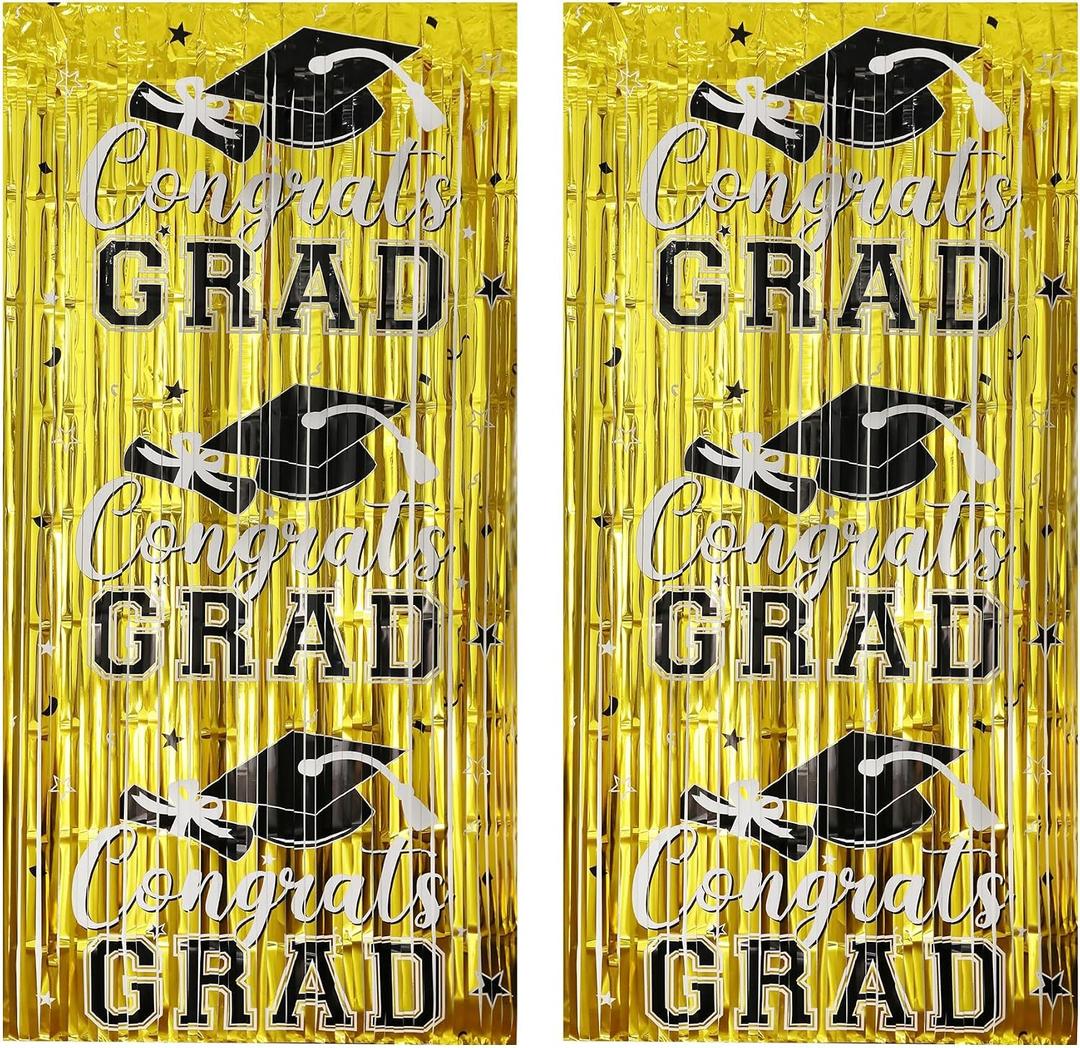 3 x Gradution Party Suppiles Backdrop Decoration 2026, Claas of 2026 Streamer Tinsel Foil Fringe Curtains, Photo Booth Prop Backdrop, Golden Grad Photo Backgrounds