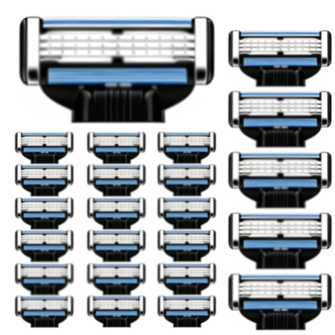 24 Pcs Mens Razor Refills, Compatible with Mach3, 3Layer Stainless Steel Blades with Lubrication Strip for Smooth Shave, Ideal for Daily, Travel, Emergency, Business & Household Use