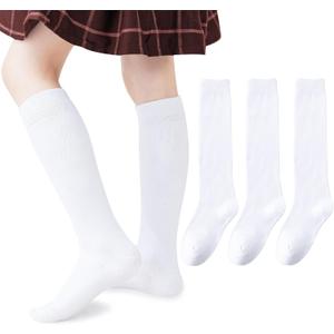 Girls Knee High Socks Seamless Boys School Uniform Socks Kids Soccer Socks Cotton Long Socks 3/5 Pack (White)