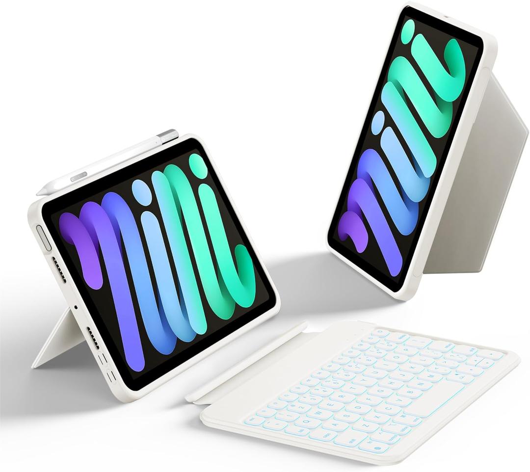 HOU Keyboard Case for iPad mini 7/6, 156 Adjustable Stand, Detachable Full Protective Case for iPad mini 7/6, 11 Shortcut Keys, 7 Color Backlight, Silicone PU, Multifunction, Bluetooth (Ivory White)