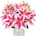 4 Bundles Artificial Tiger Lily Silk Flowers Faux Fake Lilies Plants for Wedding Bouquet Home Party Indoor Table Hotel Office Vases Floral Arrangements Outdoor Garden Decor (Rose Red)