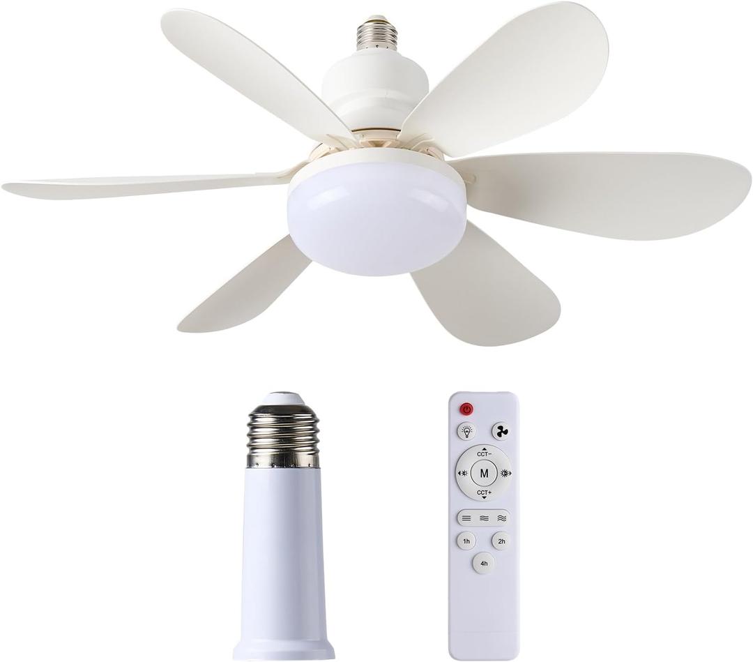 20.5" Small Ceiling Fans with Lights, Socket Fan Light with Remote, 3 Colors 3000K-6500K Dimmable LED,1500 Lumens,E26 Base,Cordless Light Socket Fan, for Kitchen, Bedroom, Garage, Small Room