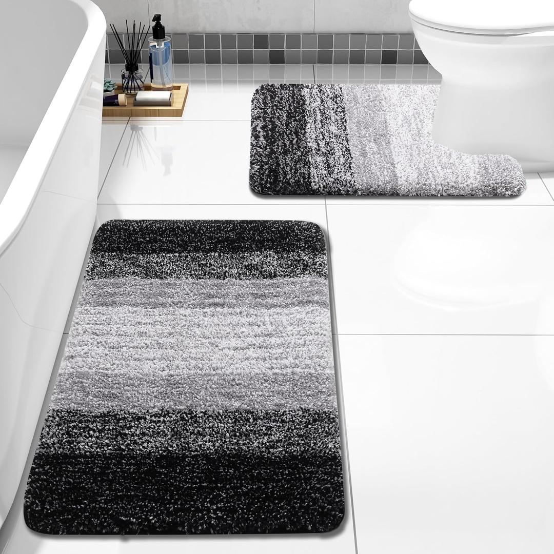 Arotive Bathroom Rugs Sets 2 Piece, Soft Absorbent Microfiber Bath Mats and U-Shaped Contour Toilet Rug, Non-Slip Machine Washable Dry Bath Mats for Bathroom, 30x20 and 24x20, Black (30" x 20" + 24" x 20")