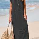 KIRUNDO Womens Summer Dresses 2026 Spring Ribbed Knit Henley Short Sleeve Maxi Dress Button Up Loose Beach Vacation Sundress (Black, M)