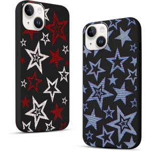 2 Pack Cute Star Phone Case for iPhone 14/iPhone 13 6.1",Cool Aesthetic Y2K Cases Y3K Blue Stars Design Cover for Women Girls Teens,Black Silicone Shockproof Protective Funda for iPhone 14