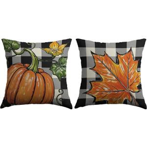 3 x Fall Thanksgiving Pillow Covers 18X18 Set of 2, Pumpkin Maple Leaf Autumn Harvest Print Buffalo Plaid Decorative Throw Pillow Covers Outdoor Farmhouse Seasonal Cushion Cases Couch Sofa Bed Decor (Burnt Orange Black-plaid)