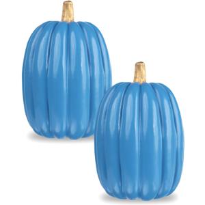 vensovo 8.5 Inch Large Blue Pumpkins for Decorating - 2PCS Big Foam Decorative Pumpkin for Fall Decoration, Paintable Artificial Pumpkins Perfect for Halloween Thanksgiving Decor (Gold Handle)